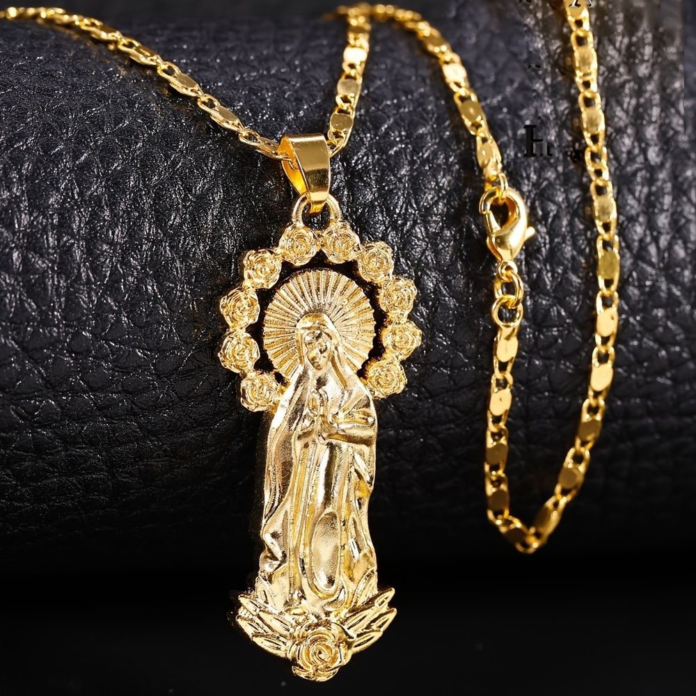 14k Gold Plated Womens Mens Link Chain And Virgin Mary Pendant Necklace 18” - Picture 2 of 16